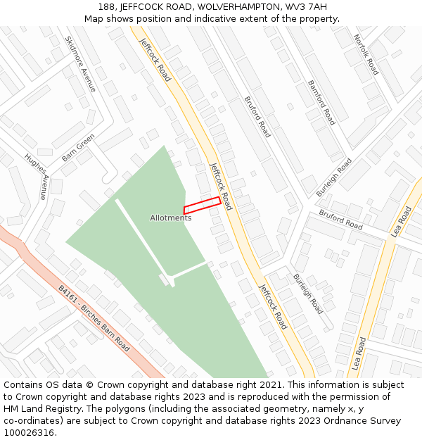 188, JEFFCOCK ROAD, WOLVERHAMPTON, WV3 7AH: Location map and indicative extent of plot