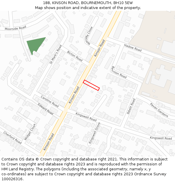 188, KINSON ROAD, BOURNEMOUTH, BH10 5EW: Location map and indicative extent of plot