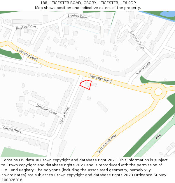 188, LEICESTER ROAD, GROBY, LEICESTER, LE6 0DP: Location map and indicative extent of plot