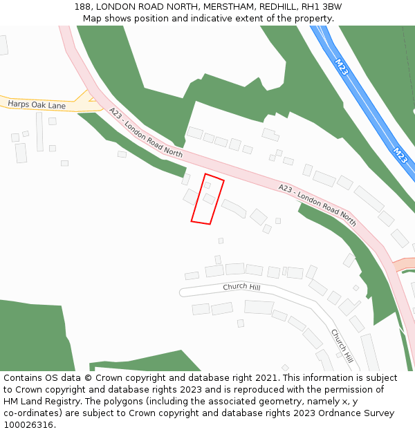 188, LONDON ROAD NORTH, MERSTHAM, REDHILL, RH1 3BW: Location map and indicative extent of plot