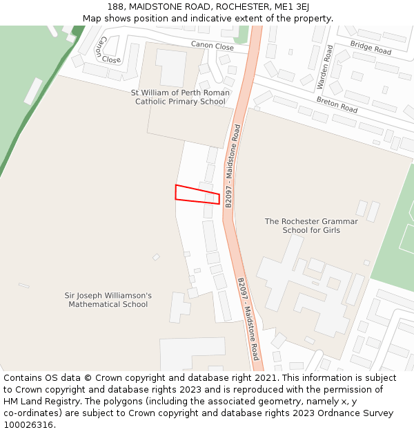 188, MAIDSTONE ROAD, ROCHESTER, ME1 3EJ: Location map and indicative extent of plot