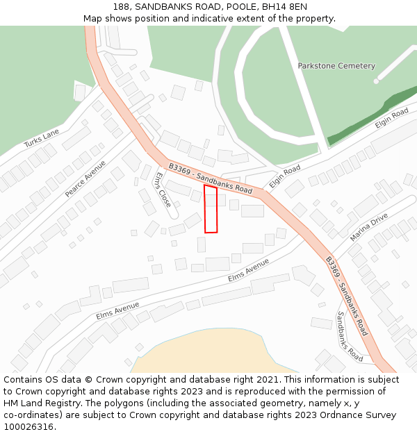 188, SANDBANKS ROAD, POOLE, BH14 8EN: Location map and indicative extent of plot