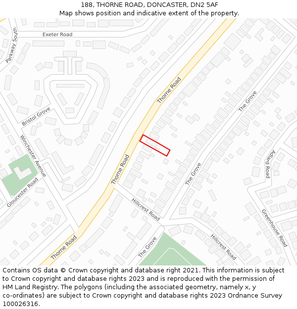 188, THORNE ROAD, DONCASTER, DN2 5AF: Location map and indicative extent of plot