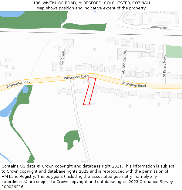 188, WIVENHOE ROAD, ALRESFORD, COLCHESTER, CO7 8AH: Location map and indicative extent of plot