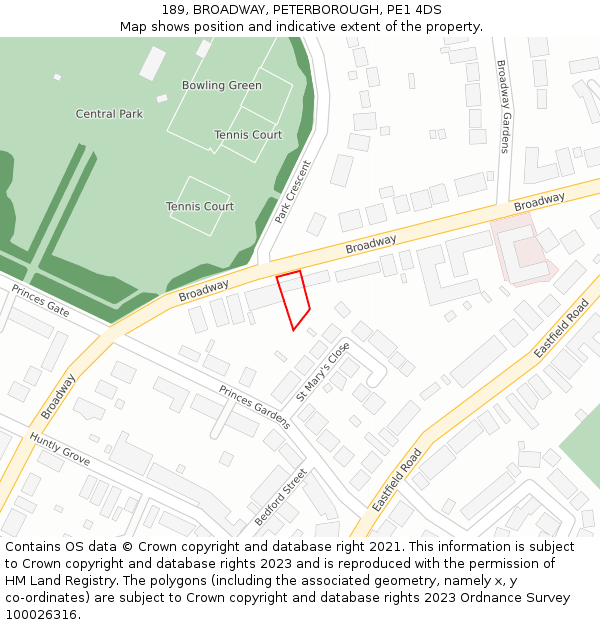 189, BROADWAY, PETERBOROUGH, PE1 4DS: Location map and indicative extent of plot