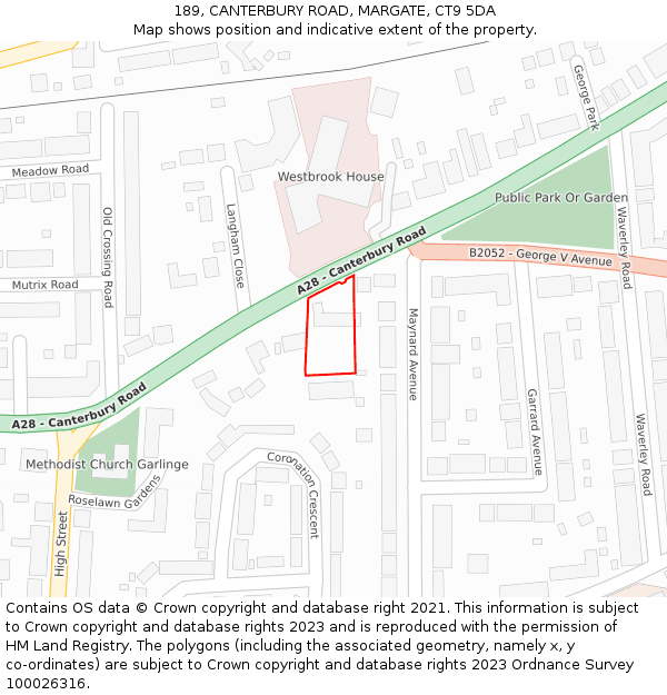 189, CANTERBURY ROAD, MARGATE, CT9 5DA: Location map and indicative extent of plot