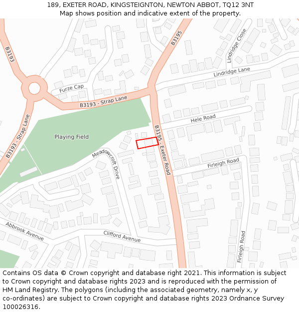 189, EXETER ROAD, KINGSTEIGNTON, NEWTON ABBOT, TQ12 3NT: Location map and indicative extent of plot