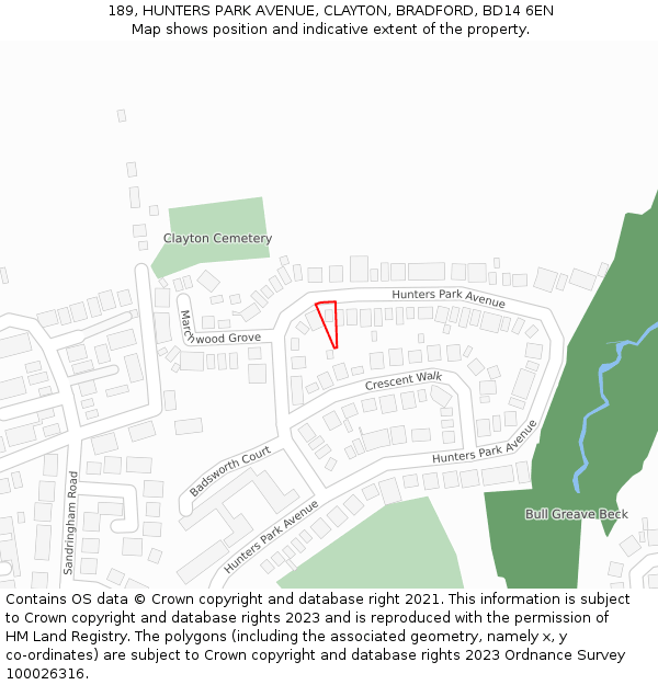 189, HUNTERS PARK AVENUE, CLAYTON, BRADFORD, BD14 6EN: Location map and indicative extent of plot