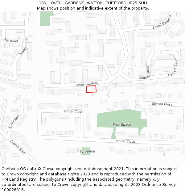 189, LOVELL GARDENS, WATTON, THETFORD, IP25 6UH: Location map and indicative extent of plot