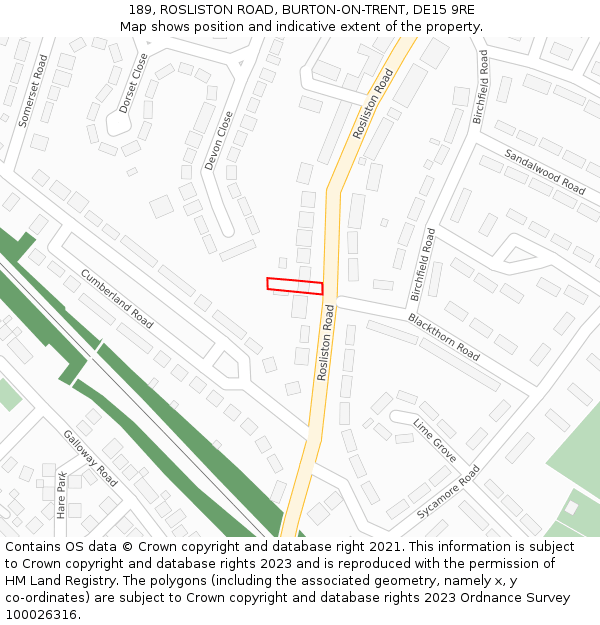189, ROSLISTON ROAD, BURTON-ON-TRENT, DE15 9RE: Location map and indicative extent of plot