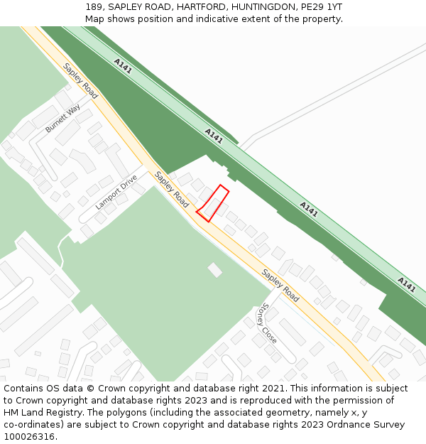 189, SAPLEY ROAD, HARTFORD, HUNTINGDON, PE29 1YT: Location map and indicative extent of plot