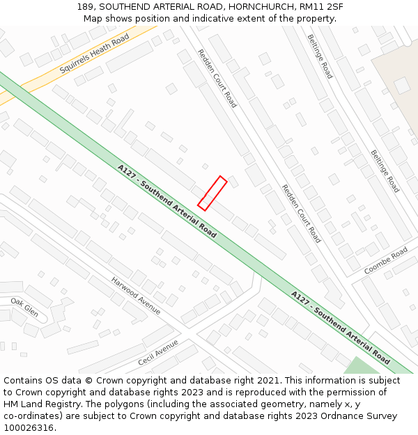 189, SOUTHEND ARTERIAL ROAD, HORNCHURCH, RM11 2SF: Location map and indicative extent of plot