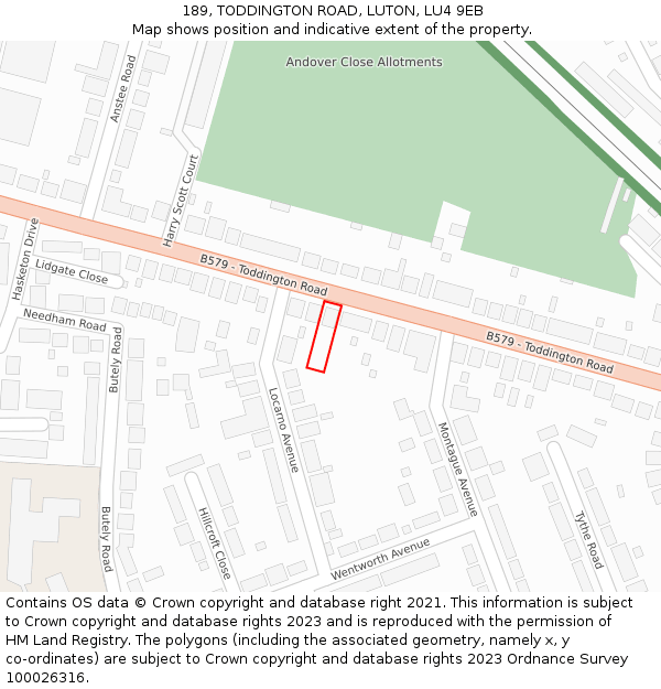 189, TODDINGTON ROAD, LUTON, LU4 9EB: Location map and indicative extent of plot