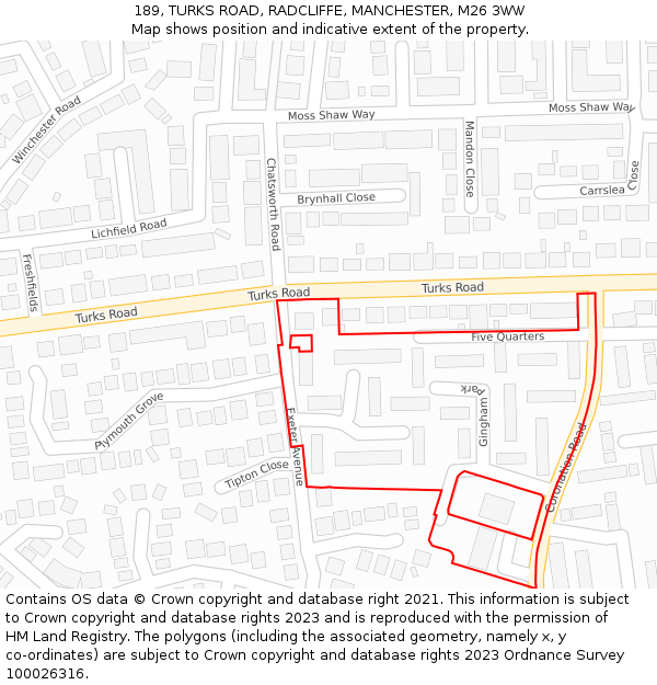 189, TURKS ROAD, RADCLIFFE, MANCHESTER, M26 3WW: Location map and indicative extent of plot