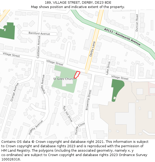 189, VILLAGE STREET, DERBY, DE23 8DE: Location map and indicative extent of plot