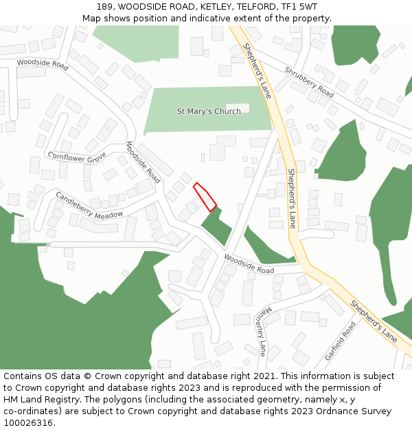 189, WOODSIDE ROAD, KETLEY, TELFORD, TF1 5WT: Location map and indicative extent of plot