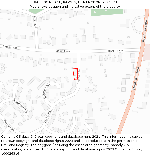 18A, BIGGIN LANE, RAMSEY, HUNTINGDON, PE26 1NH: Location map and indicative extent of plot