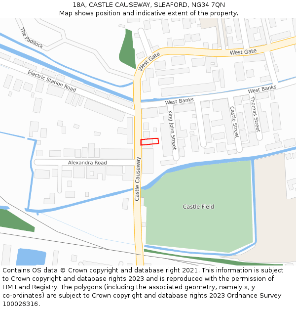 18A, CASTLE CAUSEWAY, SLEAFORD, NG34 7QN: Location map and indicative extent of plot