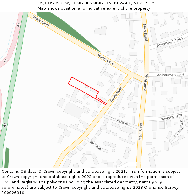 18A, COSTA ROW, LONG BENNINGTON, NEWARK, NG23 5DY: Location map and indicative extent of plot