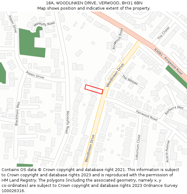 18A, WOODLINKEN DRIVE, VERWOOD, BH31 6BN: Location map and indicative extent of plot