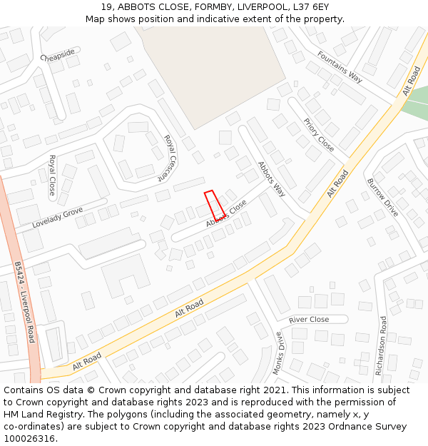 19, ABBOTS CLOSE, FORMBY, LIVERPOOL, L37 6EY: Location map and indicative extent of plot