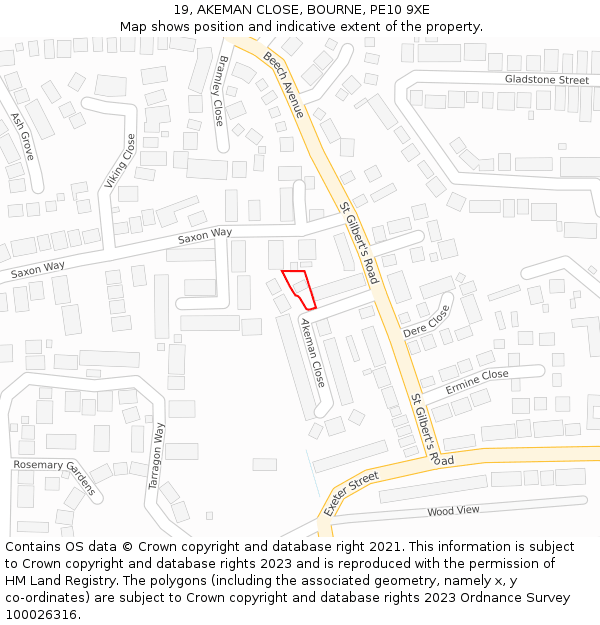 19, AKEMAN CLOSE, BOURNE, PE10 9XE: Location map and indicative extent of plot