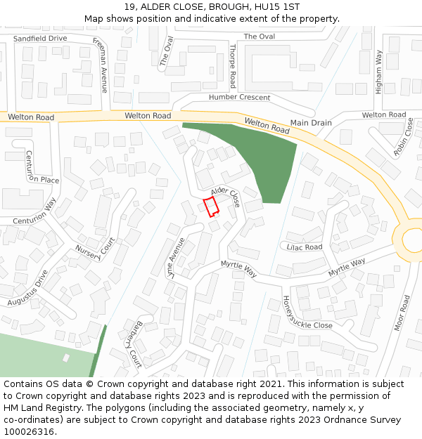 19, ALDER CLOSE, BROUGH, HU15 1ST: Location map and indicative extent of plot