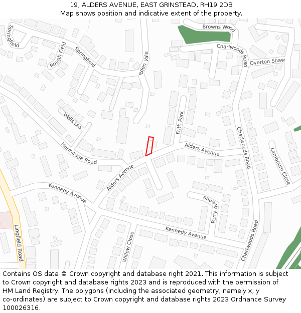 19, ALDERS AVENUE, EAST GRINSTEAD, RH19 2DB: Location map and indicative extent of plot
