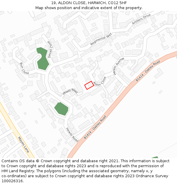 19, ALDON CLOSE, HARWICH, CO12 5HF: Location map and indicative extent of plot