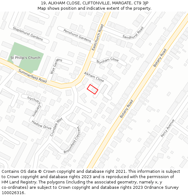 19, ALKHAM CLOSE, CLIFTONVILLE, MARGATE, CT9 3JP: Location map and indicative extent of plot