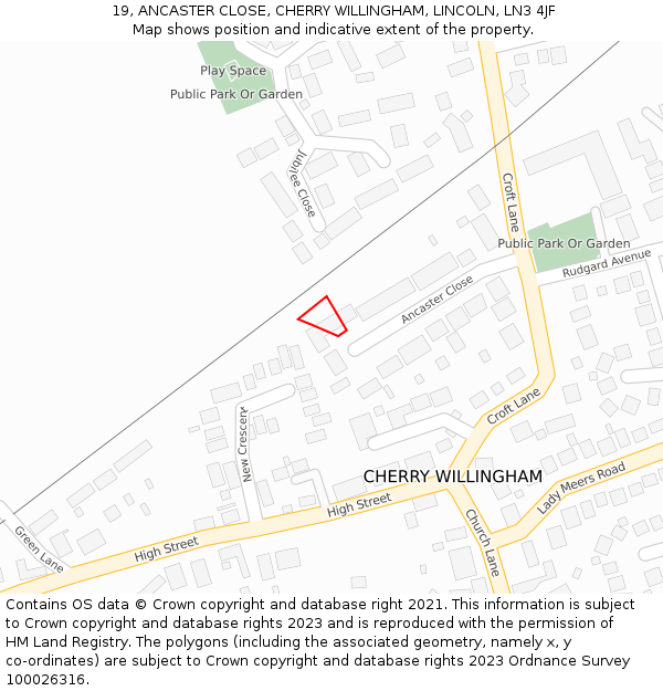 19, ANCASTER CLOSE, CHERRY WILLINGHAM, LINCOLN, LN3 4JF: Location map and indicative extent of plot