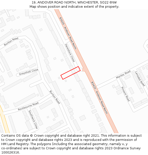 19, ANDOVER ROAD NORTH, WINCHESTER, SO22 6NW: Location map and indicative extent of plot