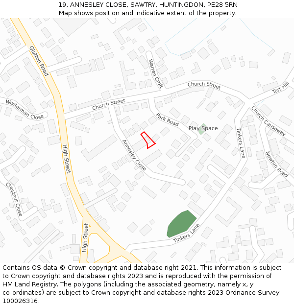 19, ANNESLEY CLOSE, SAWTRY, HUNTINGDON, PE28 5RN: Location map and indicative extent of plot