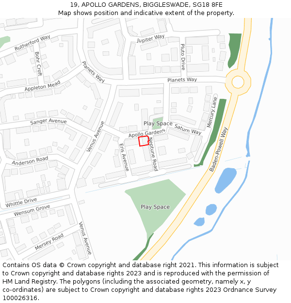 19, APOLLO GARDENS, BIGGLESWADE, SG18 8FE: Location map and indicative extent of plot