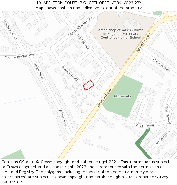 19, APPLETON COURT, BISHOPTHORPE, YORK, YO23 2RY: Location map and indicative extent of plot