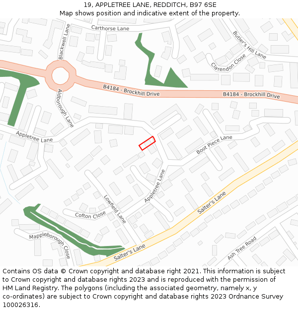 19, APPLETREE LANE, REDDITCH, B97 6SE: Location map and indicative extent of plot