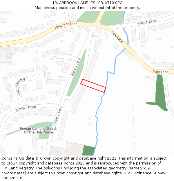 19, ARBROOK LANE, ESHER, KT10 9EG: Location map and indicative extent of plot