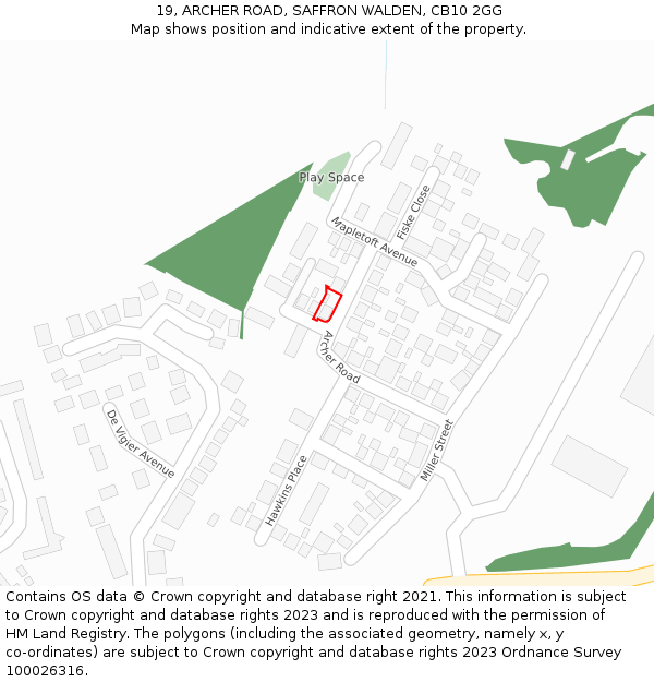 19, ARCHER ROAD, SAFFRON WALDEN, CB10 2GG: Location map and indicative extent of plot