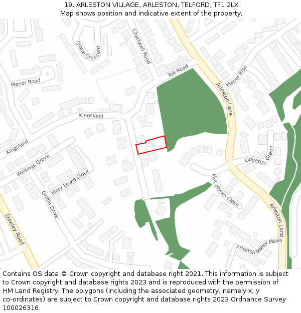 19, ARLESTON VILLAGE, ARLESTON, TELFORD, TF1 2LX: Location map and indicative extent of plot