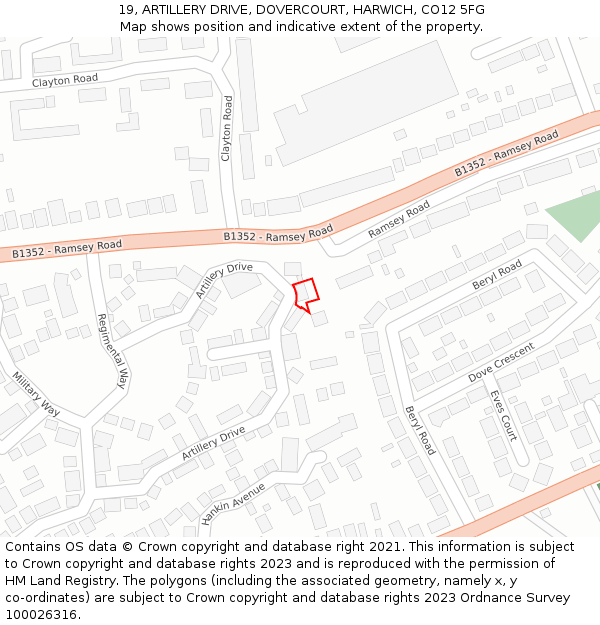 19, ARTILLERY DRIVE, DOVERCOURT, HARWICH, CO12 5FG: Location map and indicative extent of plot