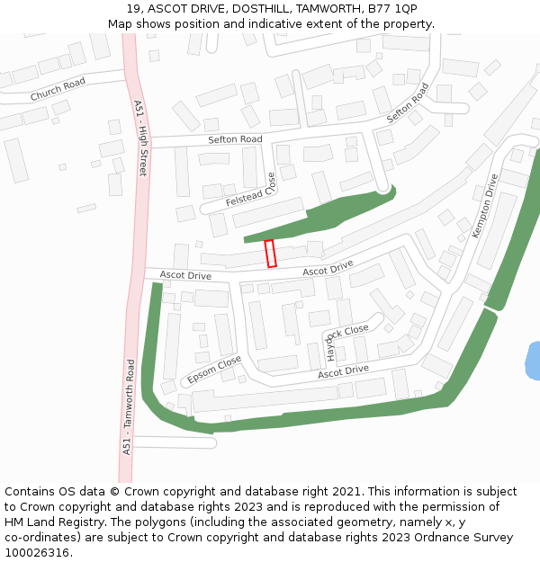 19, ASCOT DRIVE, DOSTHILL, TAMWORTH, B77 1QP: Location map and indicative extent of plot