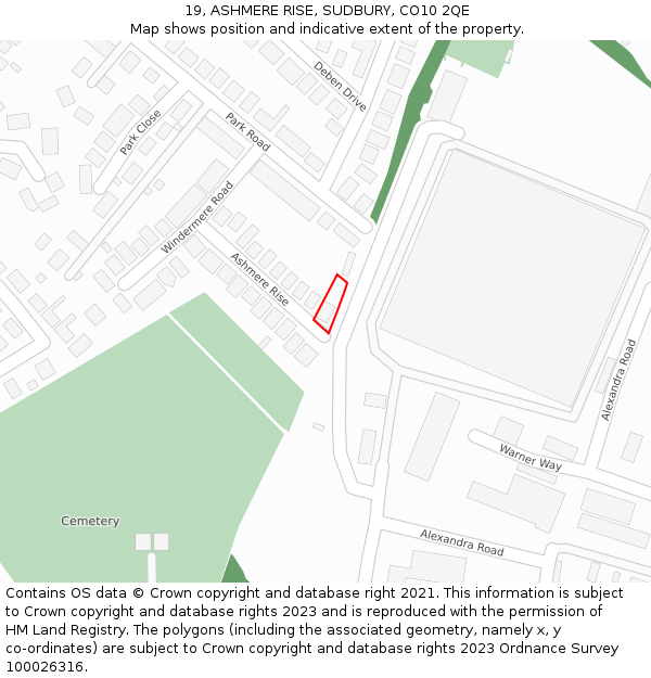 19, ASHMERE RISE, SUDBURY, CO10 2QE: Location map and indicative extent of plot