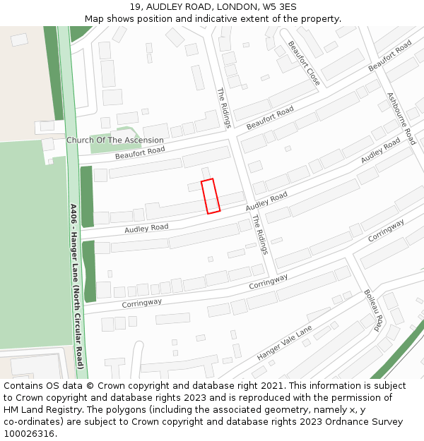 19, AUDLEY ROAD, LONDON, W5 3ES: Location map and indicative extent of plot