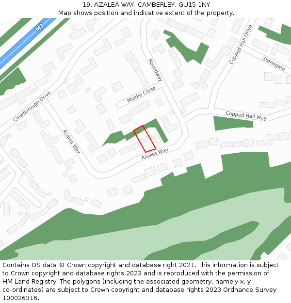 19, AZALEA WAY, CAMBERLEY, GU15 1NY: Location map and indicative extent of plot