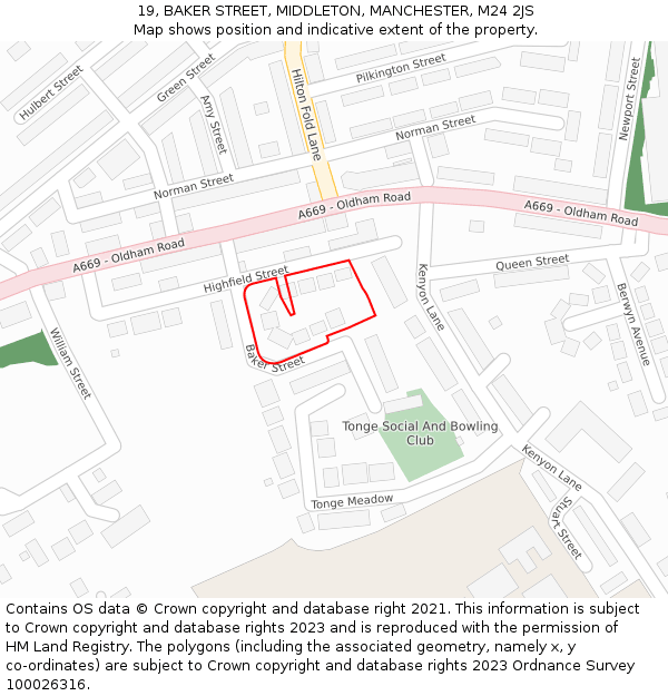 19, BAKER STREET, MIDDLETON, MANCHESTER, M24 2JS: Location map and indicative extent of plot