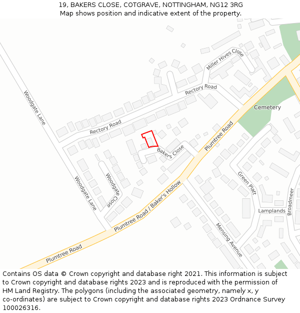 19, BAKERS CLOSE, COTGRAVE, NOTTINGHAM, NG12 3RG: Location map and indicative extent of plot