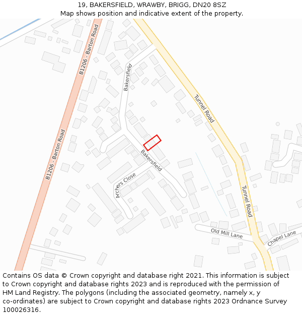 19, BAKERSFIELD, WRAWBY, BRIGG, DN20 8SZ: Location map and indicative extent of plot