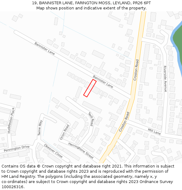 19, BANNISTER LANE, FARINGTON MOSS, LEYLAND, PR26 6PT: Location map and indicative extent of plot