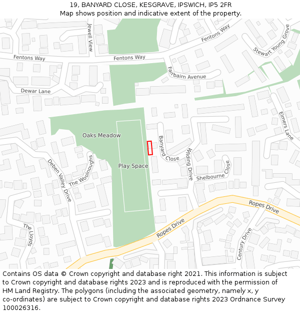 19, BANYARD CLOSE, KESGRAVE, IPSWICH, IP5 2FR: Location map and indicative extent of plot