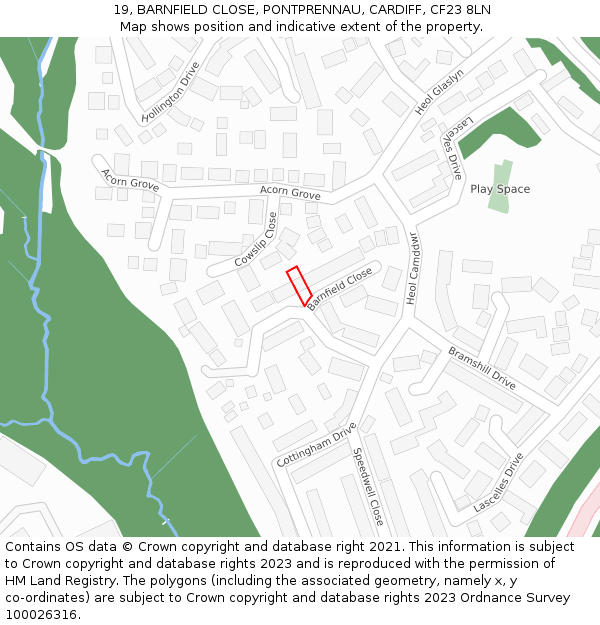 19, BARNFIELD CLOSE, PONTPRENNAU, CARDIFF, CF23 8LN: Location map and indicative extent of plot